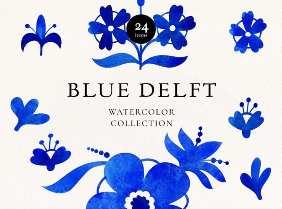 Download Blue Delft Watercolor Floral Elements - Color Collection