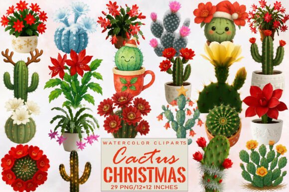 Download Watercolor Christmas Cactus Clipart - Color Collection