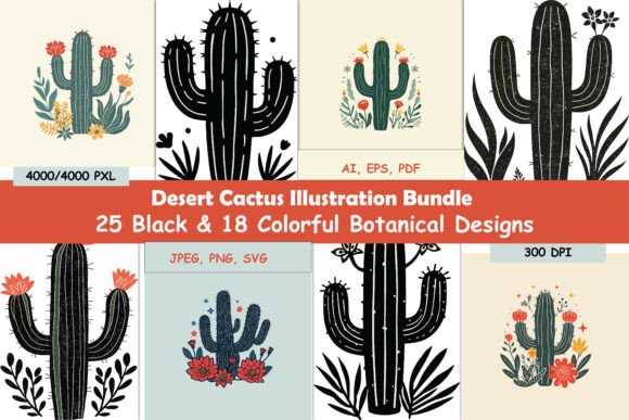Download 25 Black &amp; 18 Color Cactus Designs - Color Collection