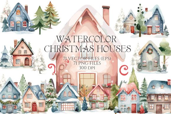 Download Watercolor Christmas Houses and Trees - Color Collection