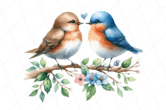 Download Birds Sitting Flower Branch Watercolor - Color Collection