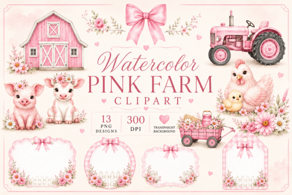 Download Watercolor Pink Farm Baby Clipart - Color Collection